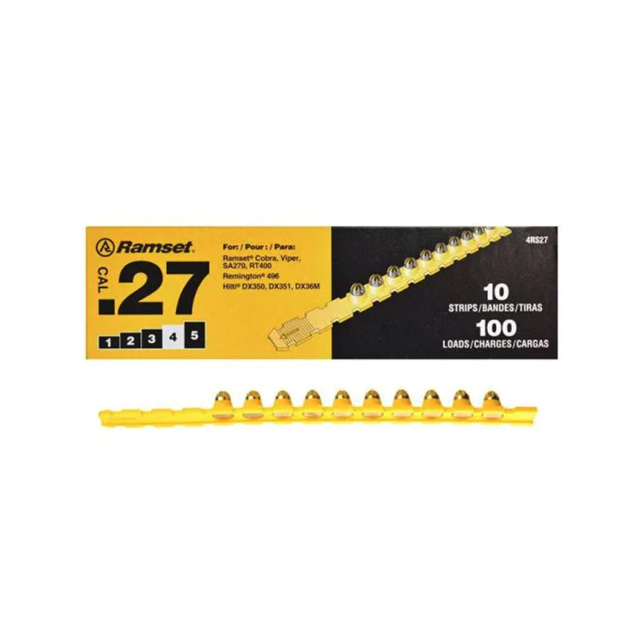 The Go Build 0.27 Caliber Yellow Strip Load (100/Pack) features black and yellow packaging with safety details, offering 100 powerful loads for concrete penetration—perfect for Ramset tools. Brand: Go Build, The Fastest Way To Build.